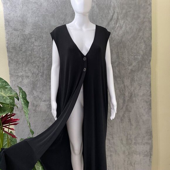 Fern Dratten Slinky Knit Duster Women’s OS  2 button Sleeveless Black travel - Picture 5 of 10